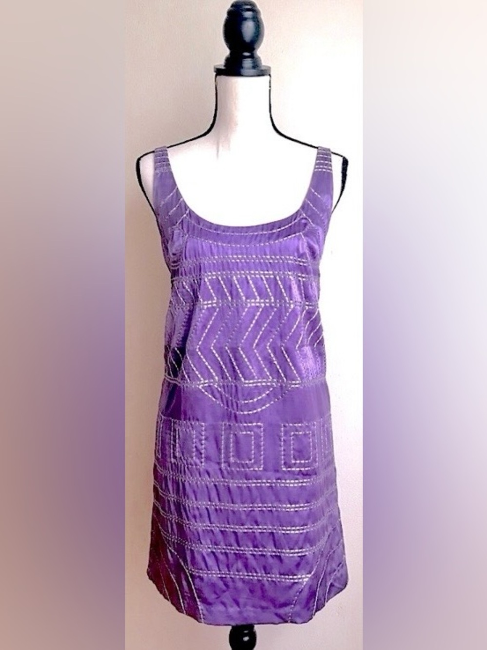 Lilac Purple Silk Loose-Fit Flapper Dress: Silver Embroidery, Mini Skirt, Sz. 4